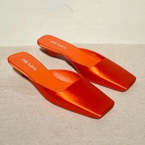 Prada orange satin silk square toe mules logo heels with box size 41